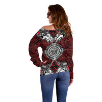 Red Aotearoa Tanilo Motif Off Shoulder Sweater Vintage Maori New Zealand Tribal Art Pattern