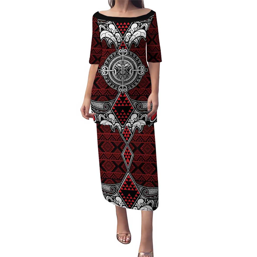 Red Aotearoa Tanilo Motif Puletasi Vintage Maori New Zealand Tribal Art Pattern