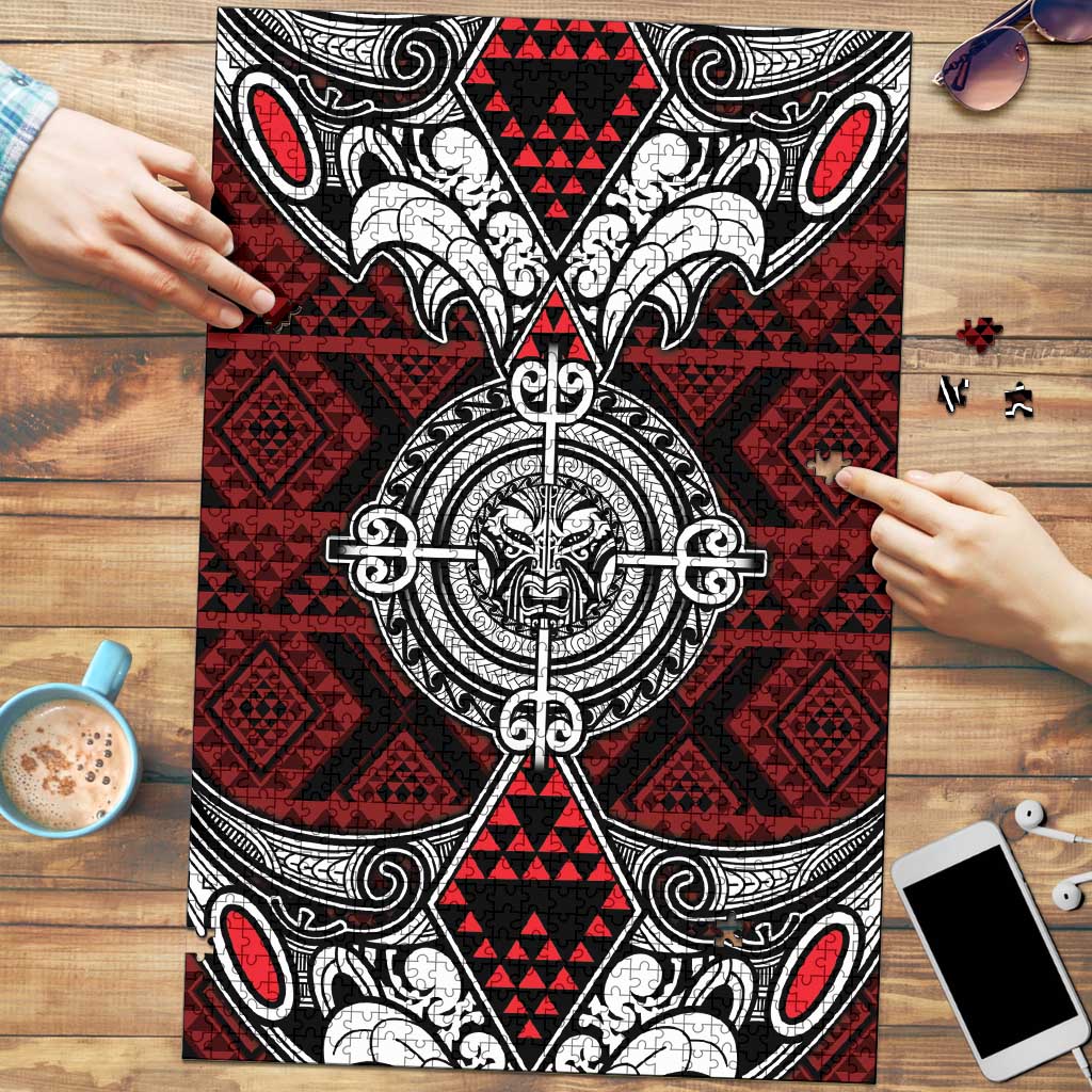 Red Aotearoa Taniko Motif Puzzle Vintage Maori New Zealand Tribal Art Pattern - Polynesian Pride