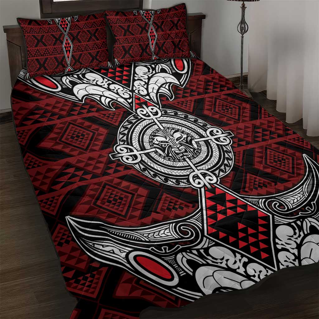 Red Aotearoa Taniko Motif Quilt Bed Set Vintage Maori New Zealand Tribal Art Pattern