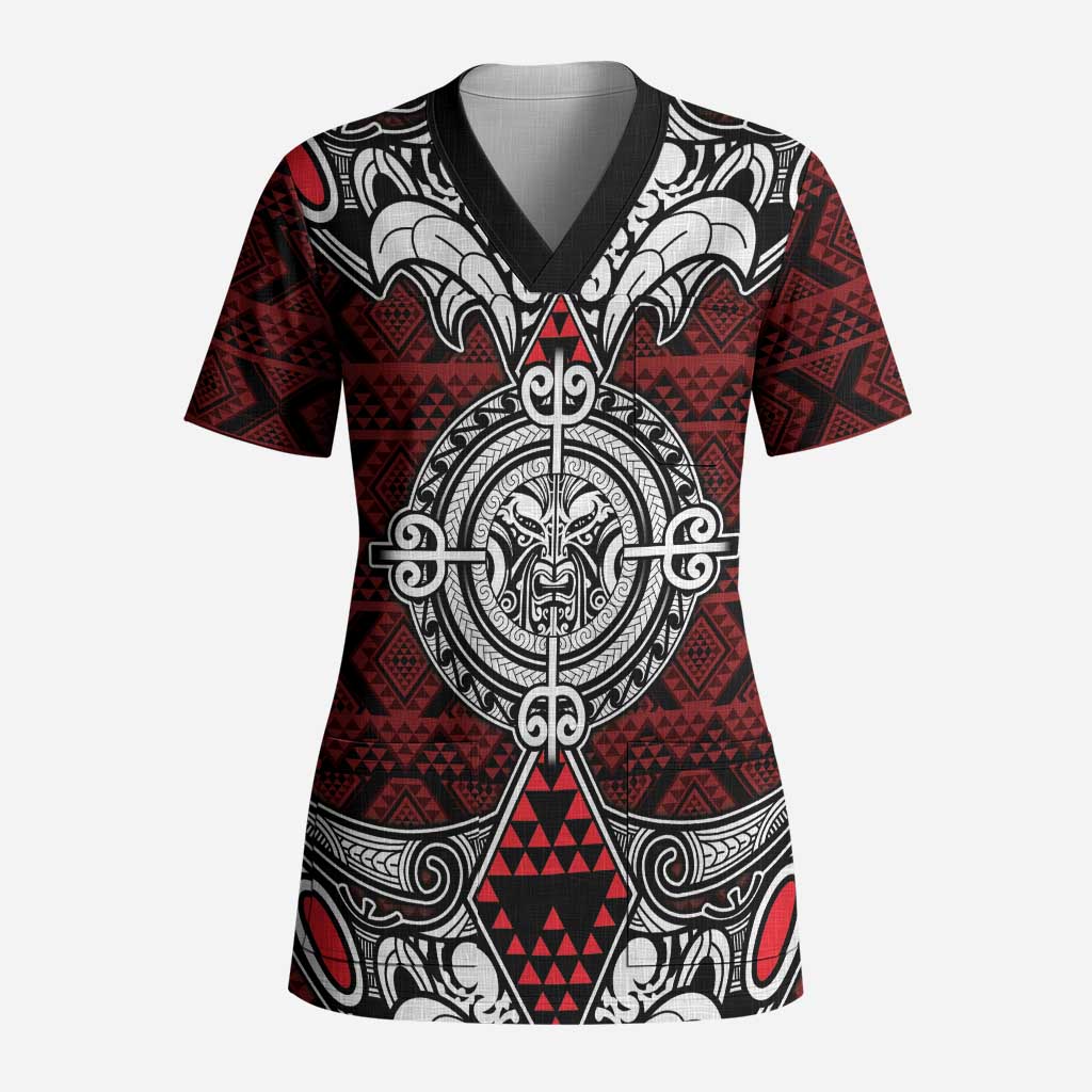 Red Aotearoa Taniko Motif Scrub Top Vintage Maori New Zealand Tribal Art Pattern - Polynesian Pride