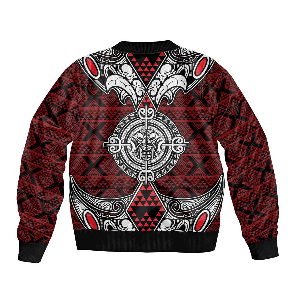 Red Aotearoa Tanilo Motif Sleeve Zip Bomber Jacket Vintage Maori New Zealand Tribal Art Pattern