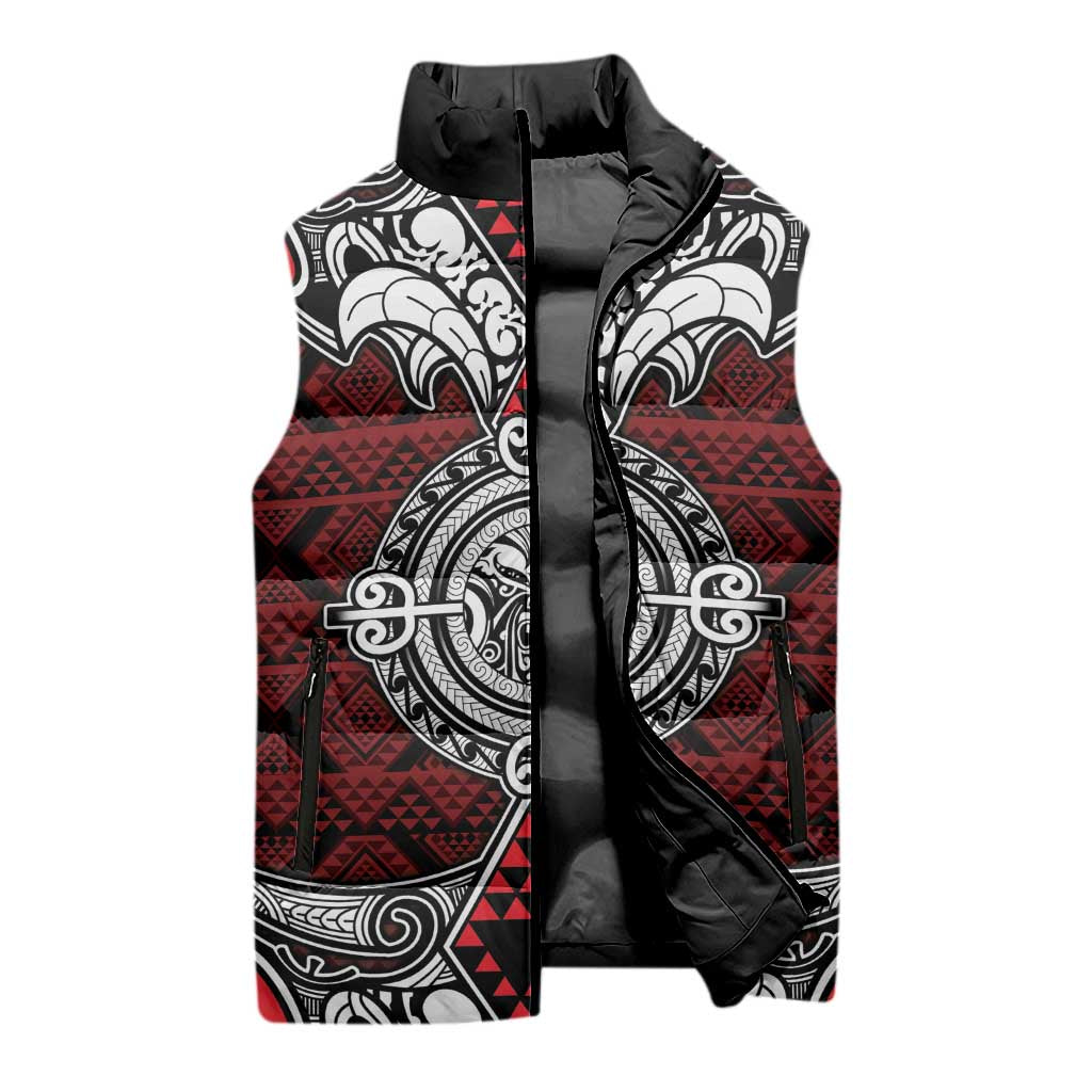 Red Aotearoa Taniko Motif Sleeveless Puffer Jacket Vintage Maori New Zealand Tribal Art Pattern - Polynesian Pride