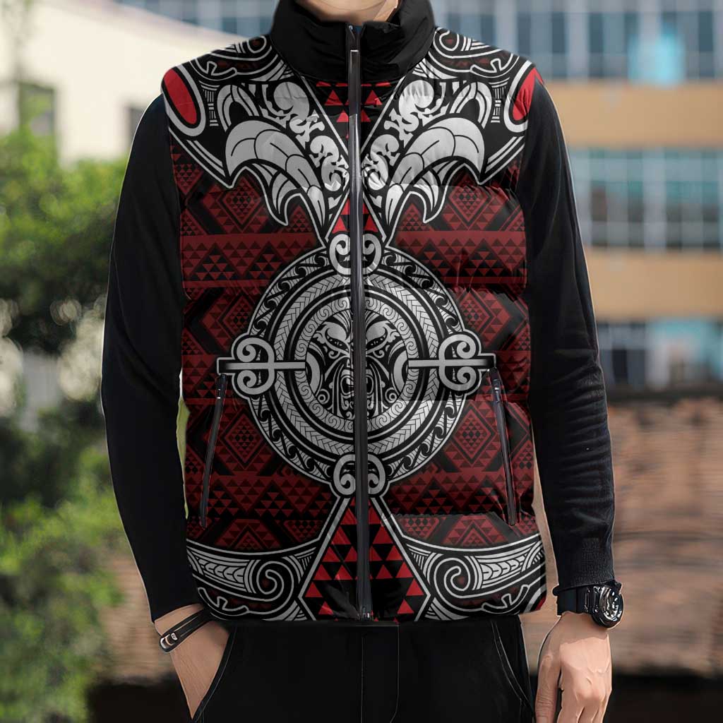Red Aotearoa Taniko Motif Sleeveless Puffer Jacket Vintage Maori New Zealand Tribal Art Pattern - Polynesian Pride
