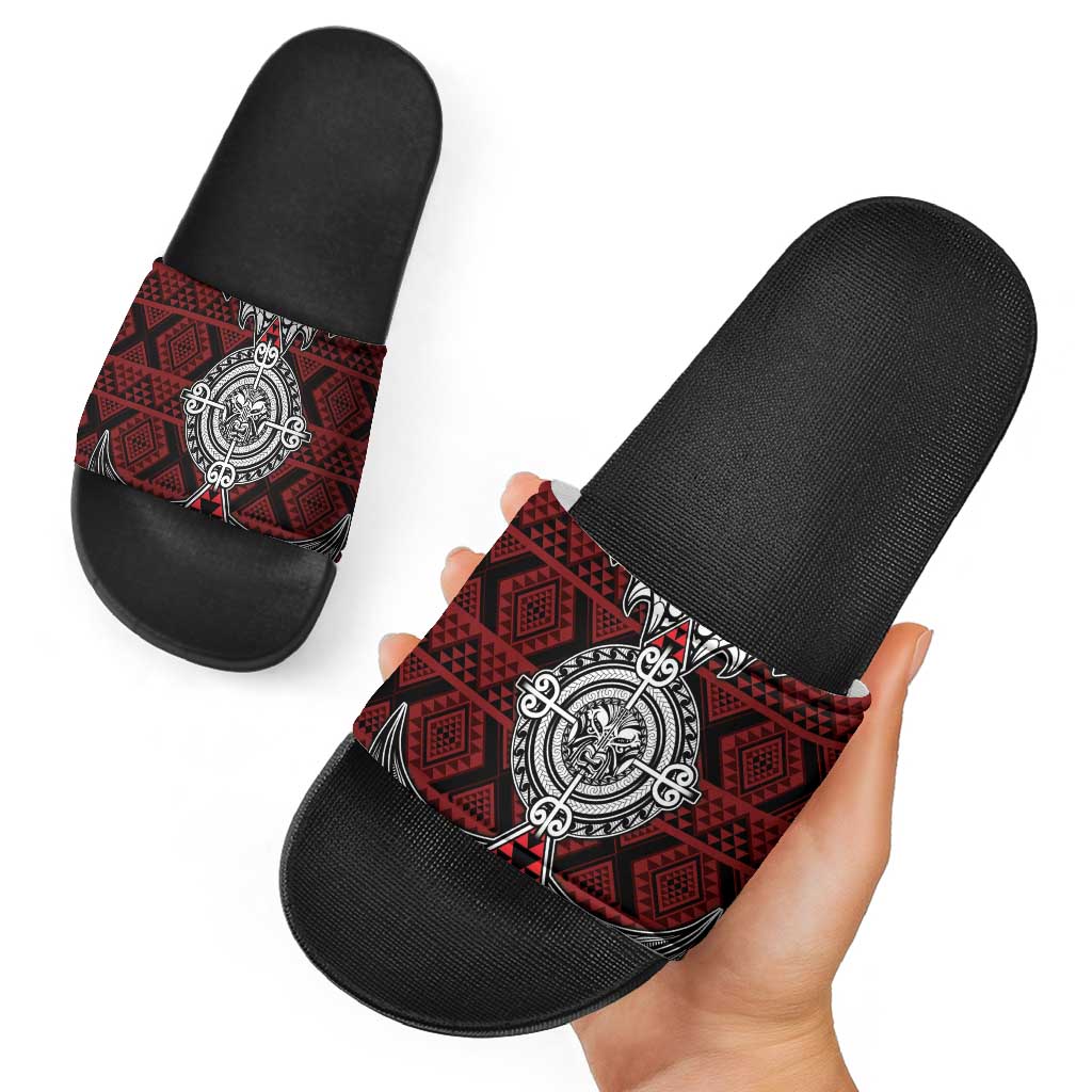 Red Aotearoa Taniko Motif Slide Sandals Vintage Maori New Zealand Tribal Art Pattern - Polynesian Pride