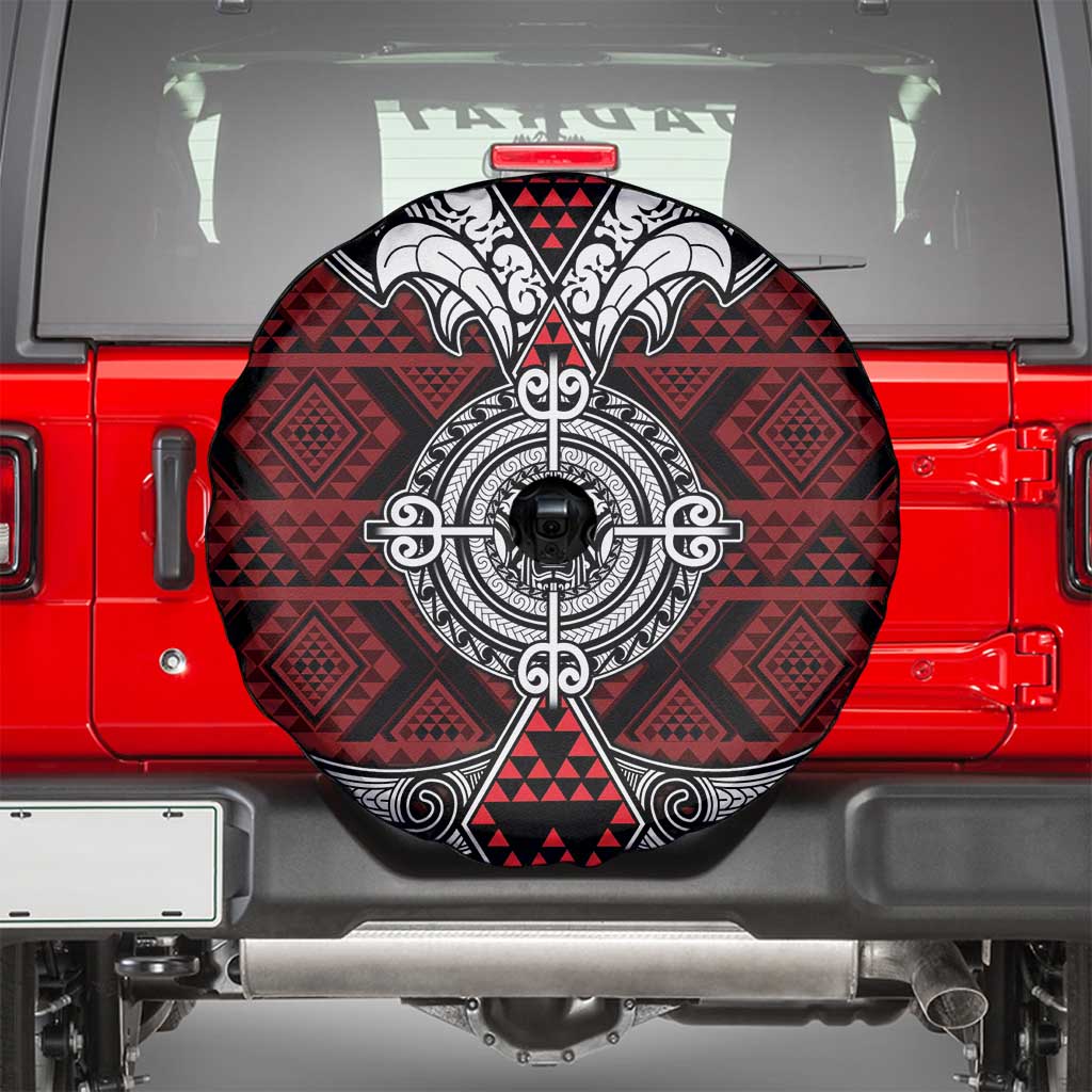 Red Aotearoa Taniko Motif Spare Tire Cover Vintage Maori New Zealand Tribal Art Pattern