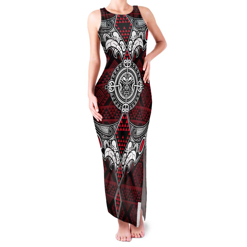 Red Aotearoa Tanilo Motif Tank Maxi Dress Vintage Maori New Zealand Tribal Art Pattern