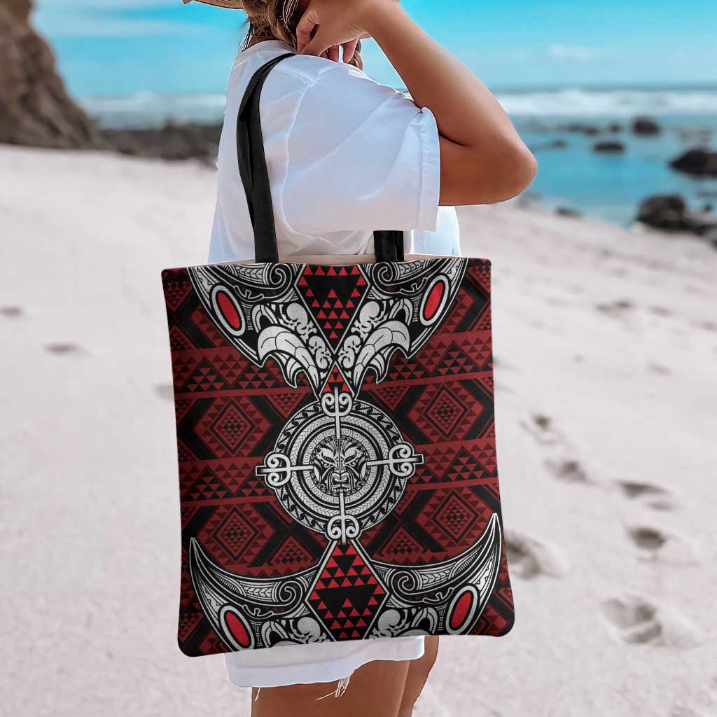 Red Aotearoa Taniko Motif Tote Bag Vintage Maori New Zealand Tribal Art Pattern - Polynesian Pride