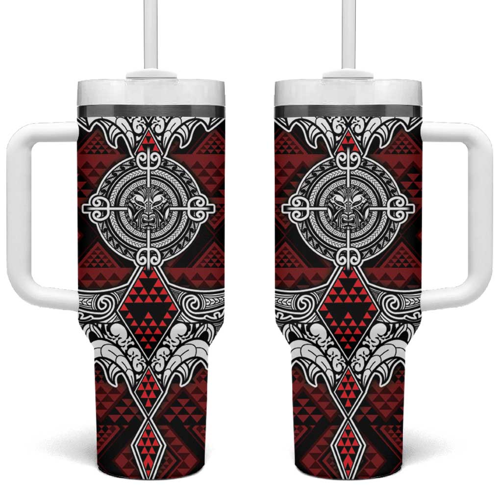 Red Aotearoa Taniko Motif Tumbler With Handle Vintage Maori New Zealand Tribal Art Pattern