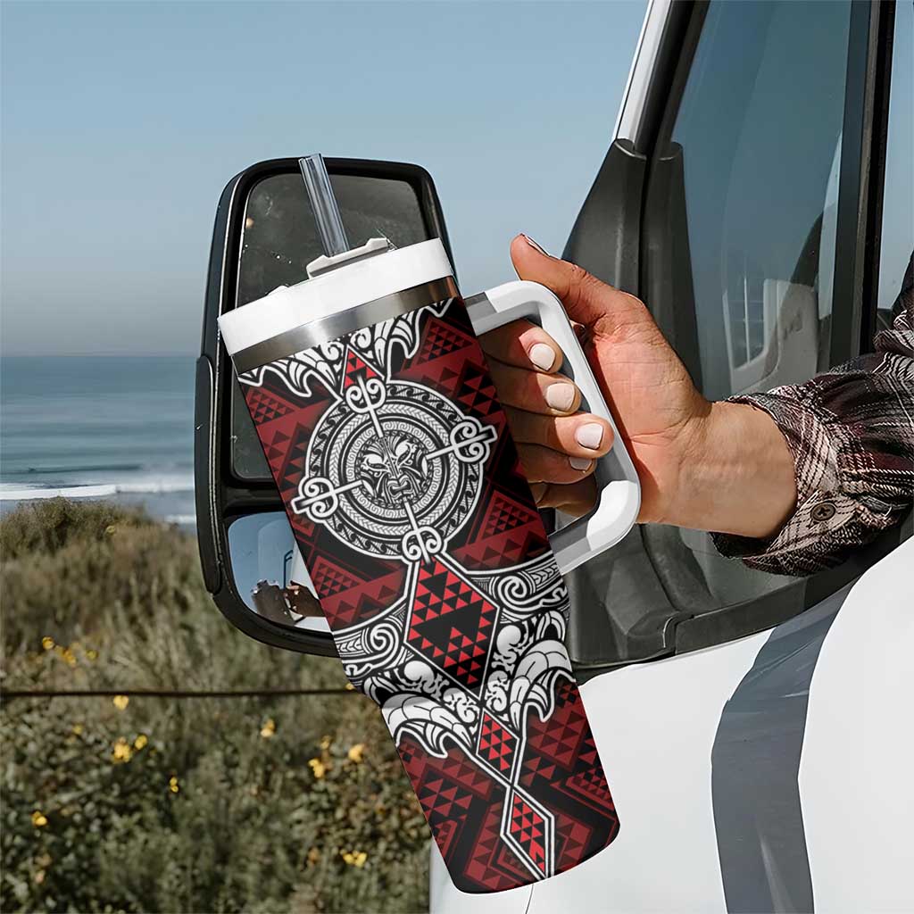 Red Aotearoa Taniko Motif Tumbler With Handle Vintage Maori New Zealand Tribal Art Pattern