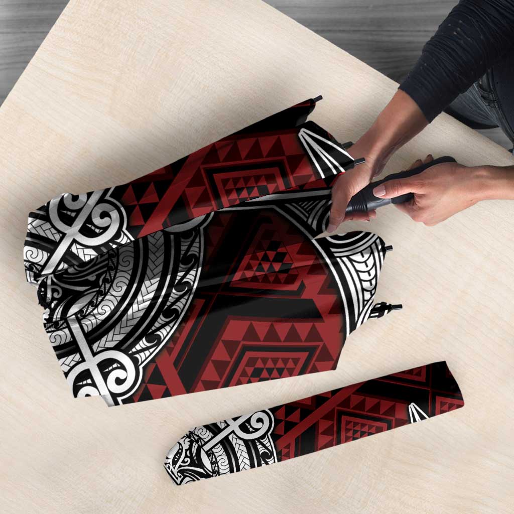 Red Aotearoa Taniko Motif Umbrella Vintage Maori New Zealand Tribal Art Pattern - Polynesian Pride