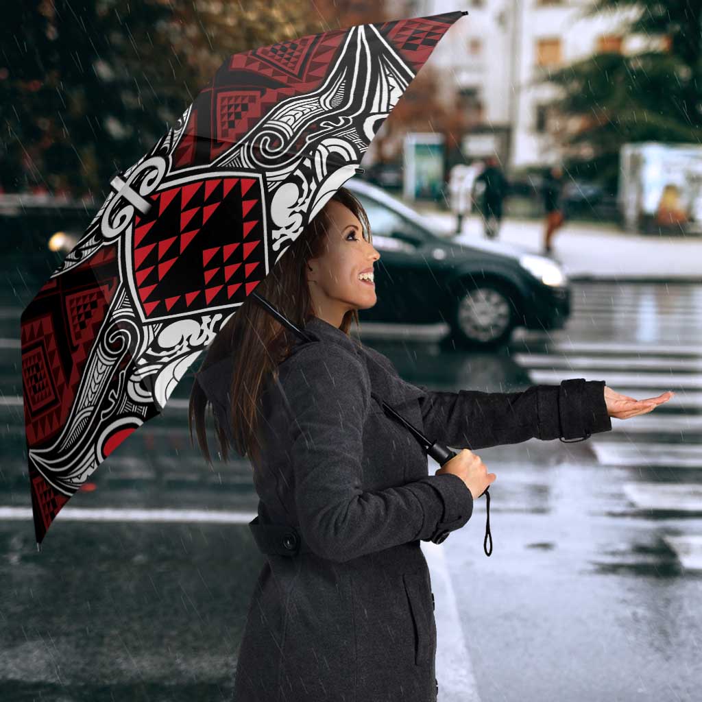 Red Aotearoa Taniko Motif Umbrella Vintage Maori New Zealand Tribal Art Pattern - Polynesian Pride