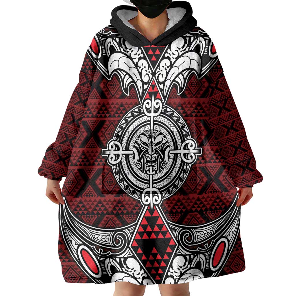 Red Aotearoa Tanilo Motif Wearable Blanket Hoodie Vintage Maori New Zealand Tribal Art Pattern