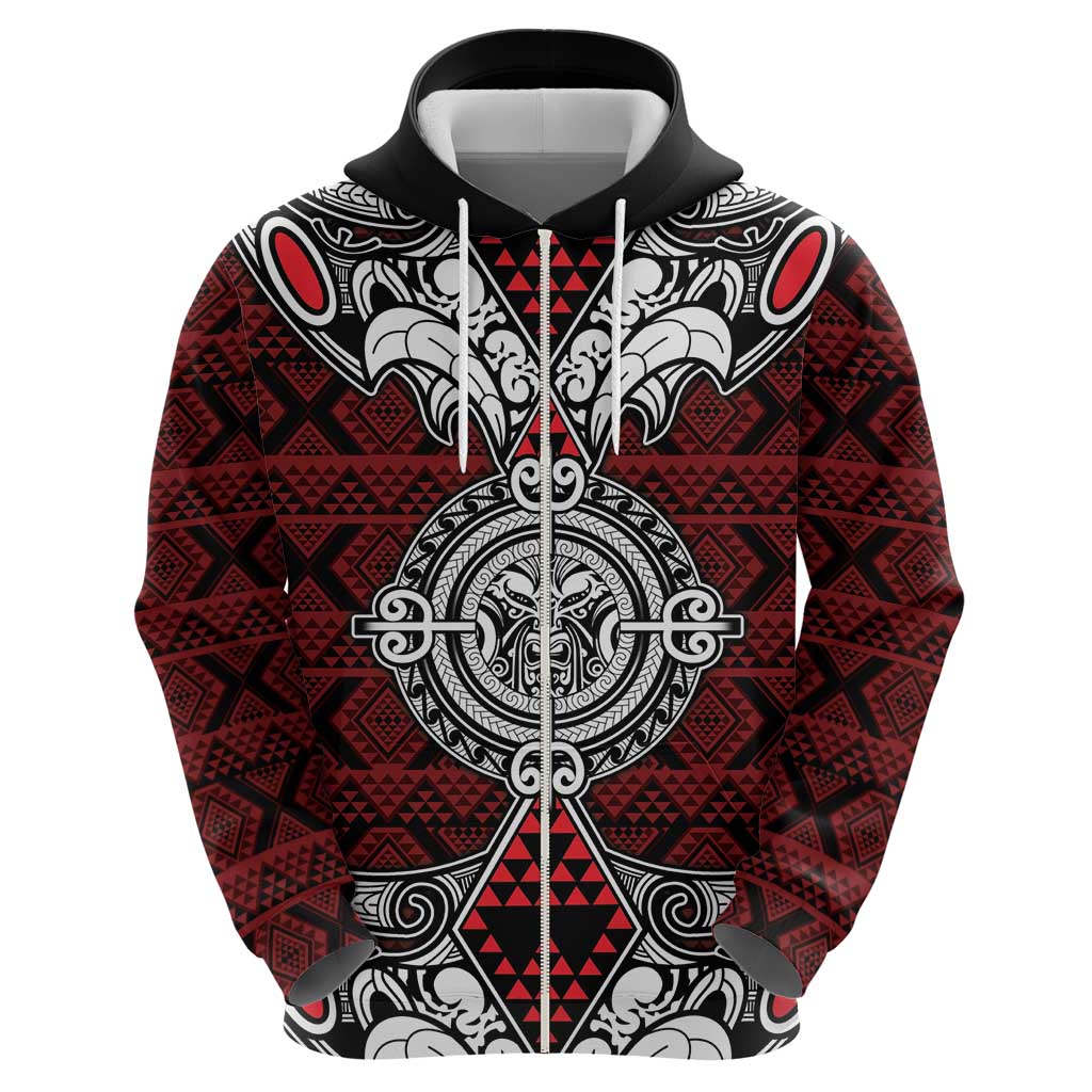 Red Aotearoa Tanilo Motif Zip Hoodie Vintage Maori New Zealand Tribal Art Pattern