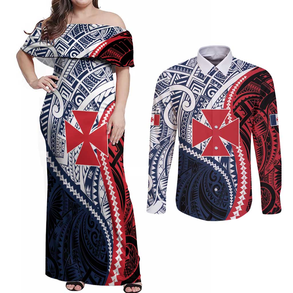 Kingdom of Uvea 1860-1886 Personalized Couples Matching Off Shoulder Maxi Dress and Long Sleeve Button Shirt Wallis and Futuna Polynesian Tribal Pattern