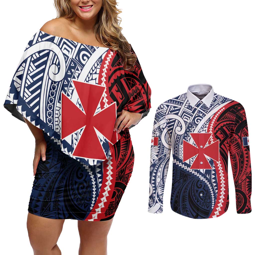 Kingdom of Uvea 1860-1886 Personalized Couples Matching Off Shoulder Short Dress and Long Sleeve Button Shirt Wallis and Futuna Polynesian Tribal Pattern