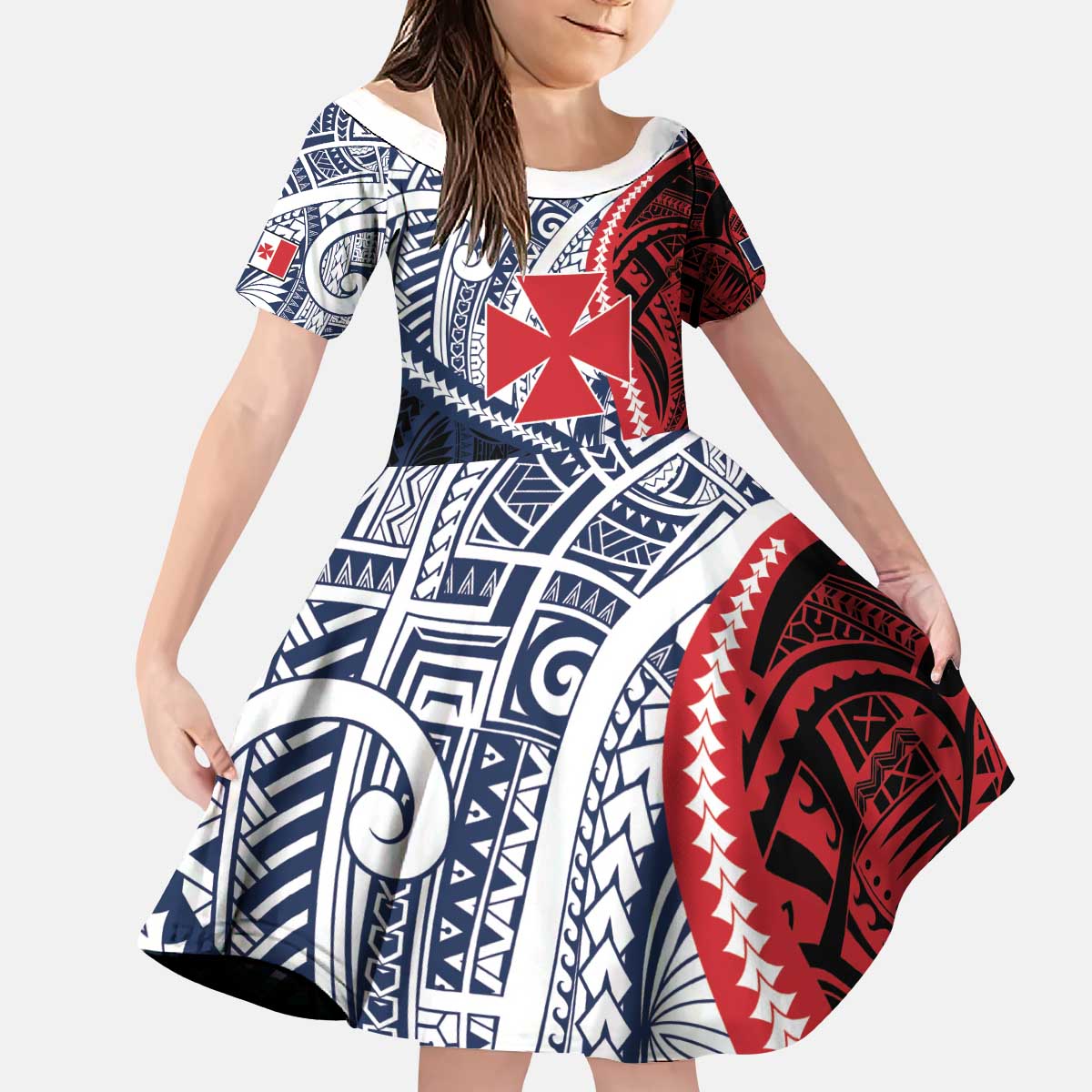 Kingdom of Uvea 1860-1886 Personalized Kid Short Sleeve Dress Wallis and Futuna Polynesian Tribal Pattern