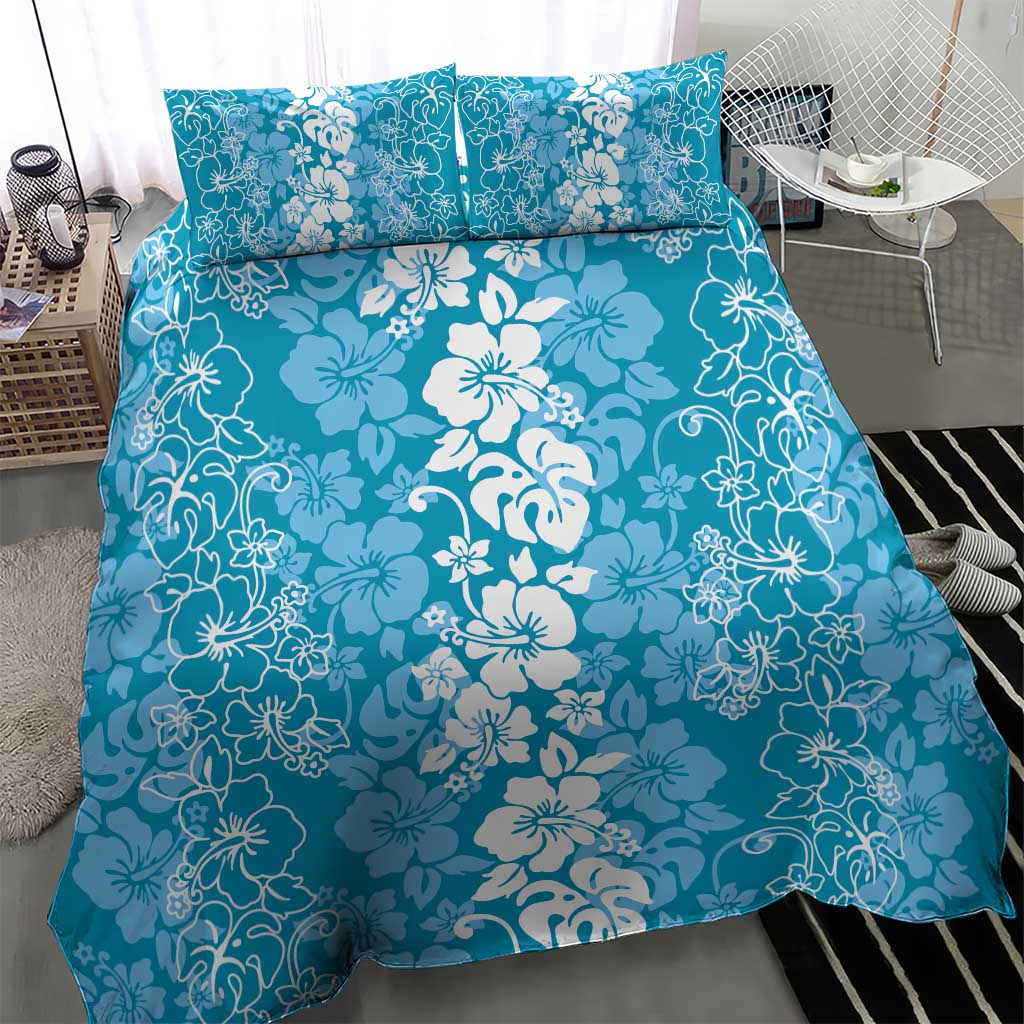 Hawaiian Lei Day Bedding Set Blue Hibiscus Flowers Lei Art