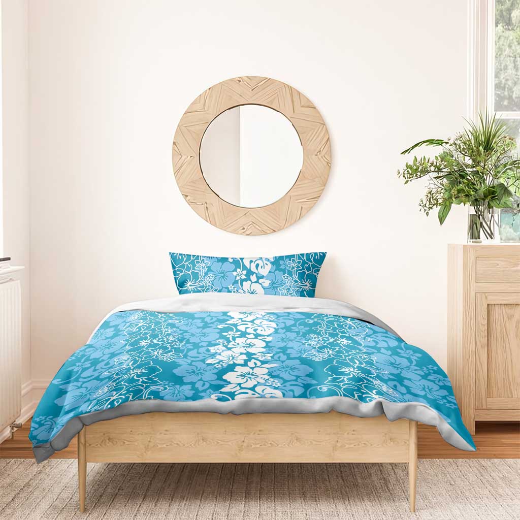 Hawaiian Lei Day Bedding Set Blue Hibiscus Flowers Lei Art