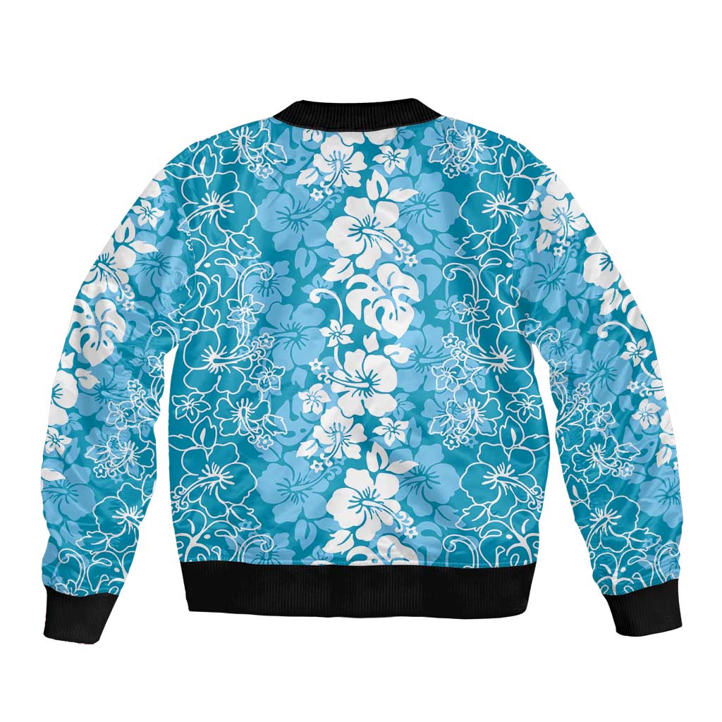 Hawaiian Lei Day Bomber Jacket Blue Hibiscus Flowers Lei Art