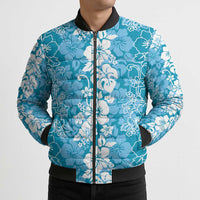 Hawaiian Lei Day Bomber Puffer Jacket Blue Hibiscus Flowers Lei Art - Polynesian Pride