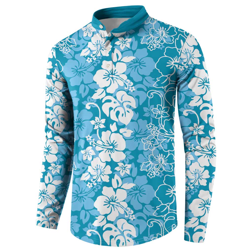 Hawaiian Lei Day Button Sweatshirt Blue Hibiscus Flowers Lei Art
