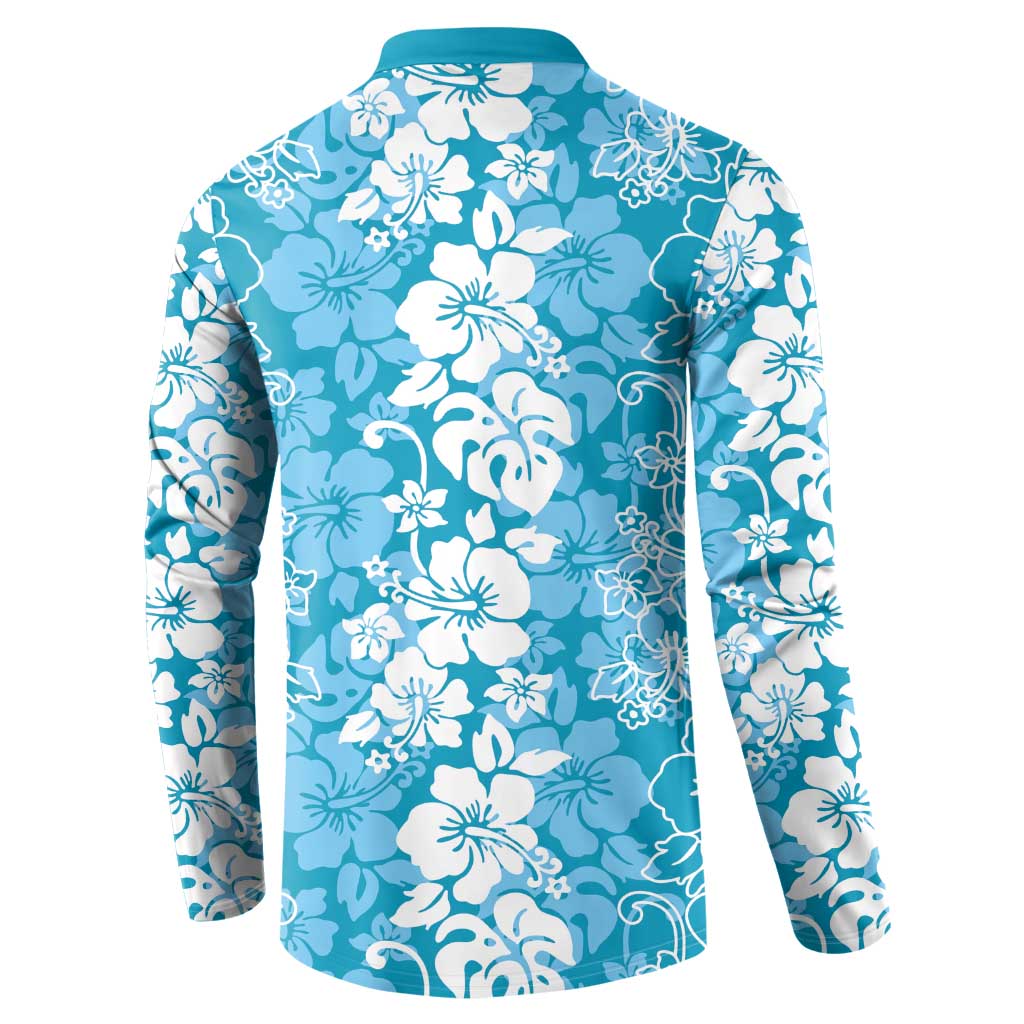 Hawaiian Lei Day Button Sweatshirt Blue Hibiscus Flowers Lei Art