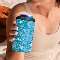 Hawaiian Lei Day 4 in 1 Can Cooler Tumbler Blue Hibiscus Flowers Lei Art