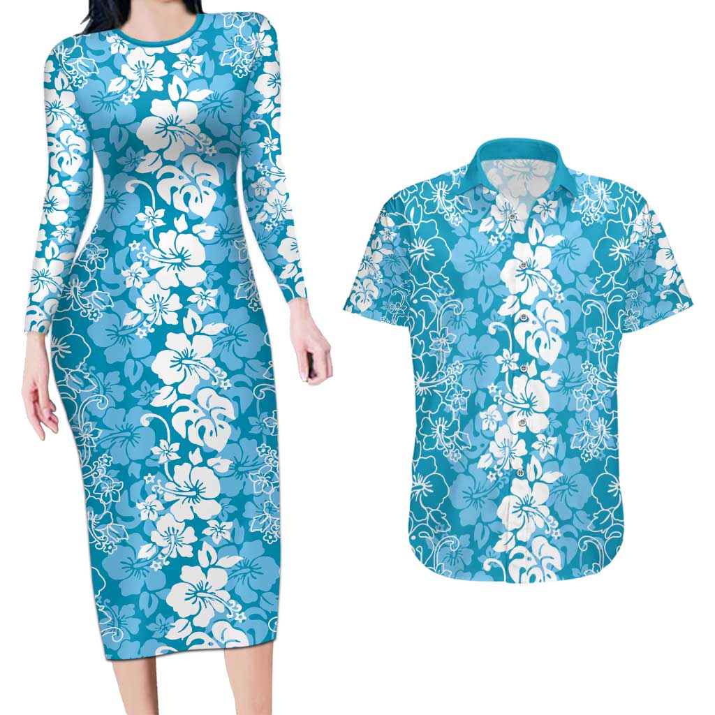 Hawaiian Lei Day Couples Matching Long Sleeve Bodycon Dress and Hawaiian Shirt Blue Hibiscus Flowers Lei Art