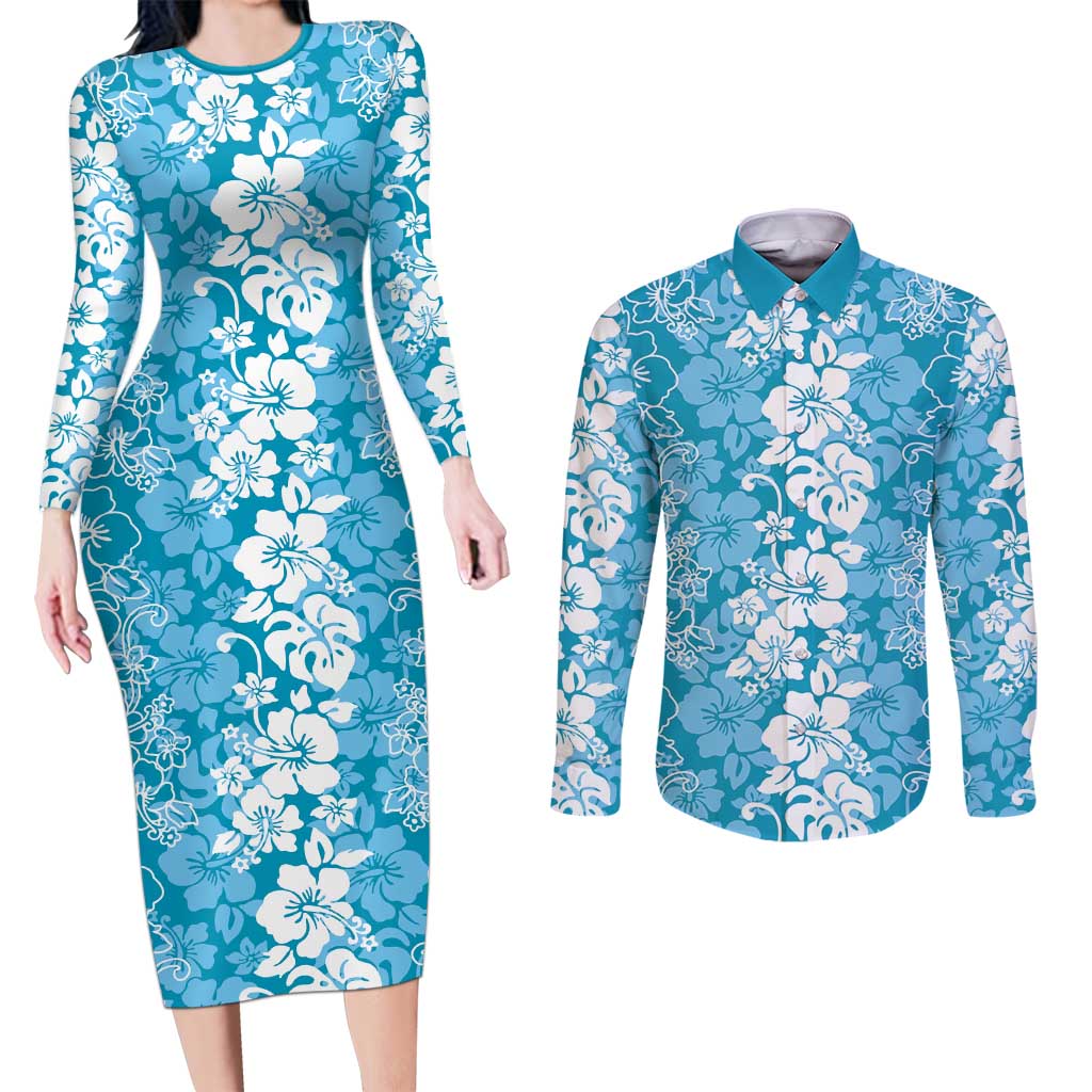 Hawaiian Lei Day Couples Matching Long Sleeve Bodycon Dress and Long Sleeve Button Shirt Blue Hibiscus Flowers Lei Art