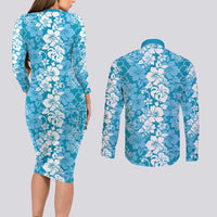 Hawaiian Lei Day Couples Matching Long Sleeve Bodycon Dress and Long Sleeve Button Shirt Blue Hibiscus Flowers Lei Art
