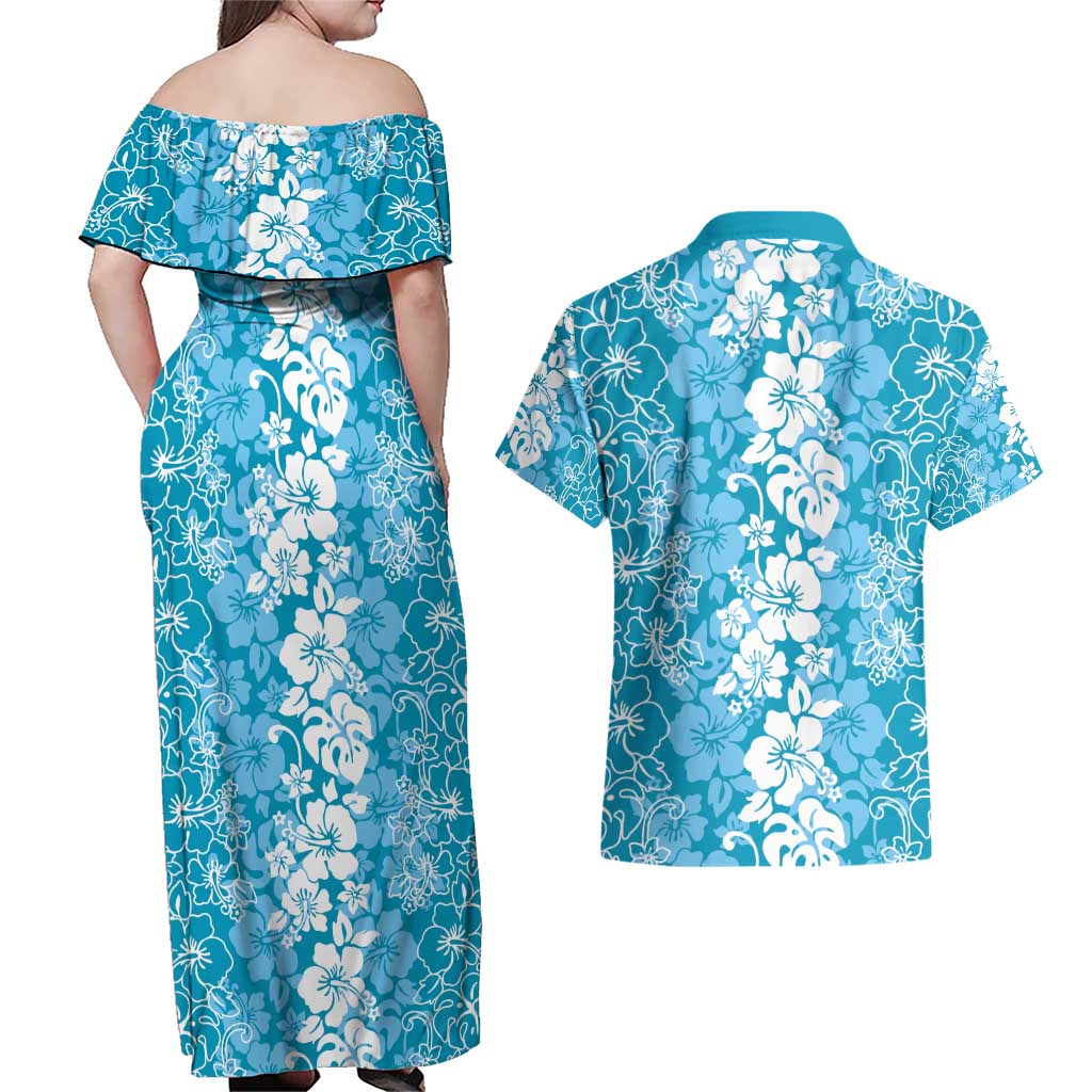 Hawaiian Lei Day Couples Matching Off Shoulder Maxi Dress and Hawaiian Shirt Blue Hibiscus Flowers Lei Art
