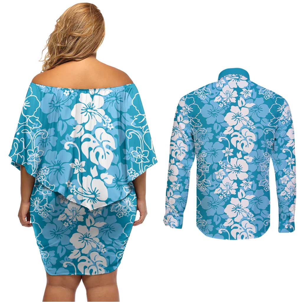 Hawaiian Lei Day Couples Matching Off Shoulder Short Dress and Long Sleeve Button Shirt Blue Hibiscus Flowers Lei Art