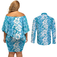 Hawaiian Lei Day Couples Matching Off Shoulder Short Dress and Long Sleeve Button Shirt Blue Hibiscus Flowers Lei Art