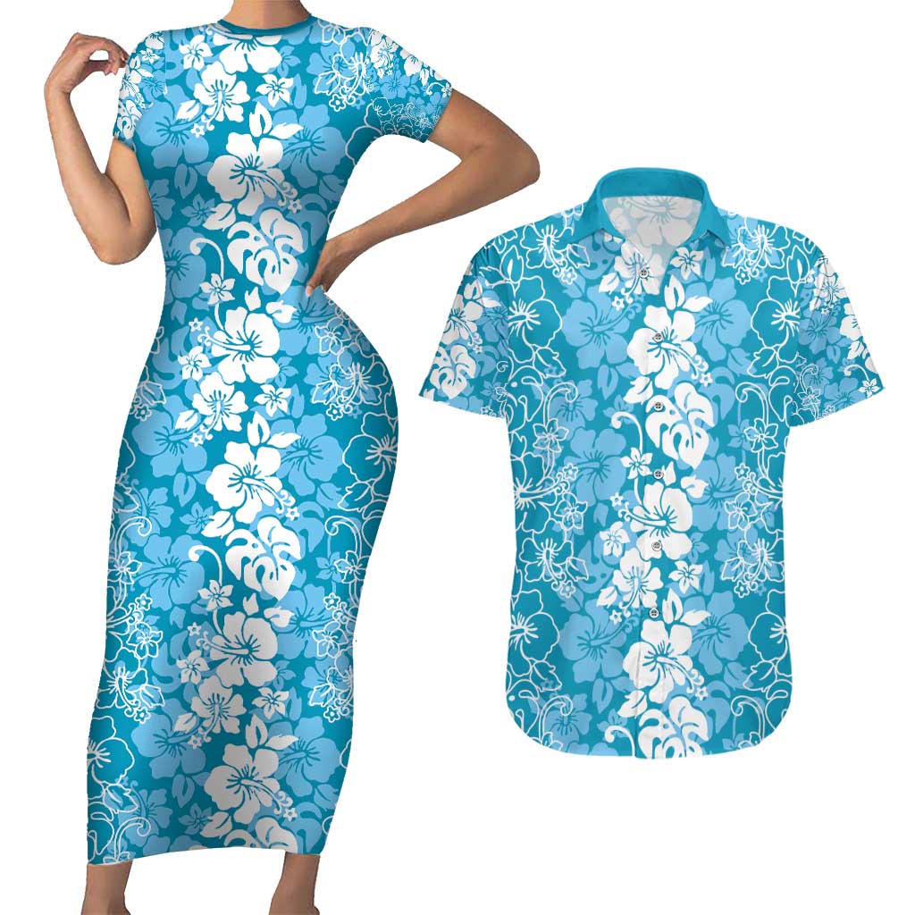 Hawaiian Lei Day Couples Matching Short Sleeve Bodycon Dress and Hawaiian Shirt Blue Hibiscus Flowers Lei Art