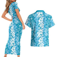 Hawaiian Lei Day Couples Matching Short Sleeve Bodycon Dress and Hawaiian Shirt Blue Hibiscus Flowers Lei Art