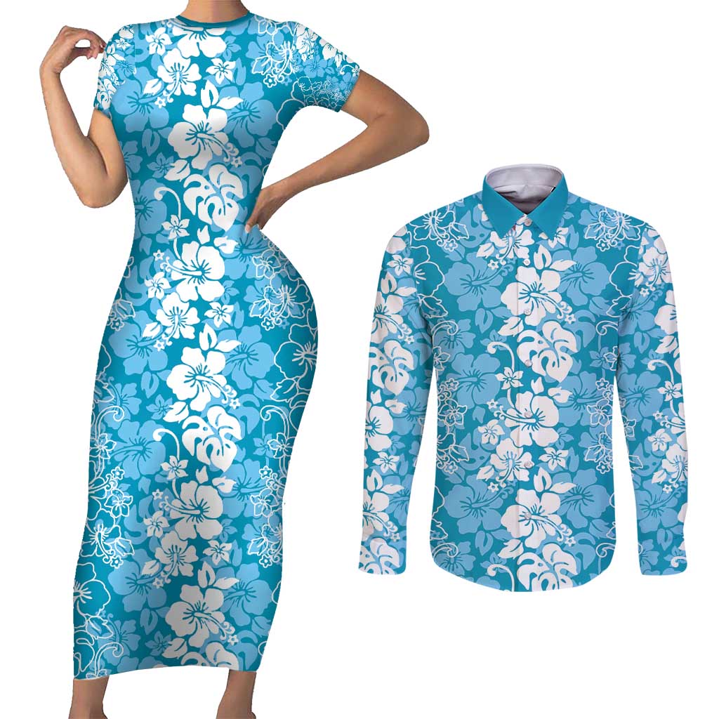 Hawaiian Lei Day Couples Matching Short Sleeve Bodycon Dress and Long Sleeve Button Shirt Blue Hibiscus Flowers Lei Art