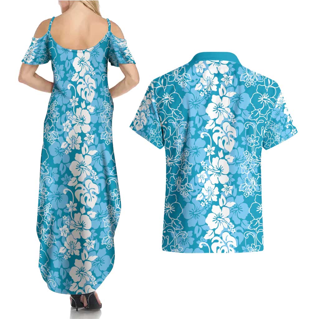 Hawaiian Lei Day Couples Matching Summer Maxi Dress and Hawaiian Shirt Blue Hibiscus Flowers Lei Art