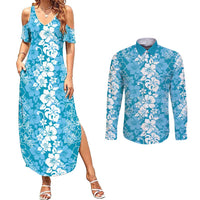 Hawaiian Lei Day Couples Matching Summer Maxi Dress and Long Sleeve Button Shirt Blue Hibiscus Flowers Lei Art