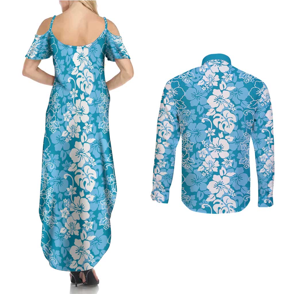 Hawaiian Lei Day Couples Matching Summer Maxi Dress and Long Sleeve Button Shirt Blue Hibiscus Flowers Lei Art