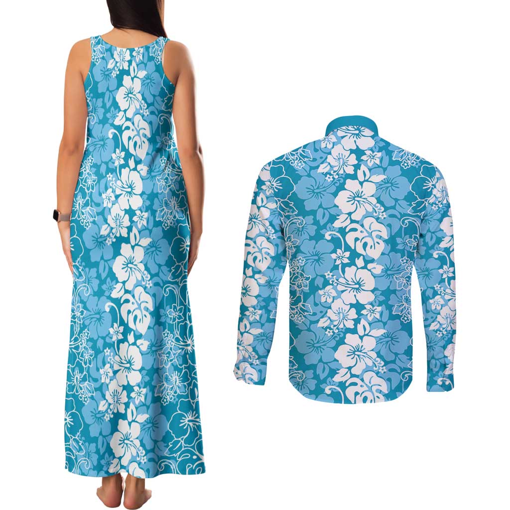 Hawaiian Lei Day Couples Matching Tank Maxi Dress and Long Sleeve Button Shirt Blue Hibiscus Flowers Lei Art