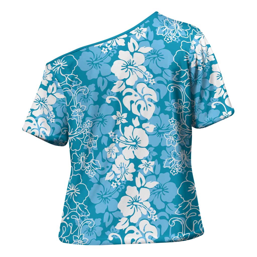 Hawaiian Lei Day Cross Shoulder Shirt Blue Hibiscus Flowers Lei Art - Polynesian Pride