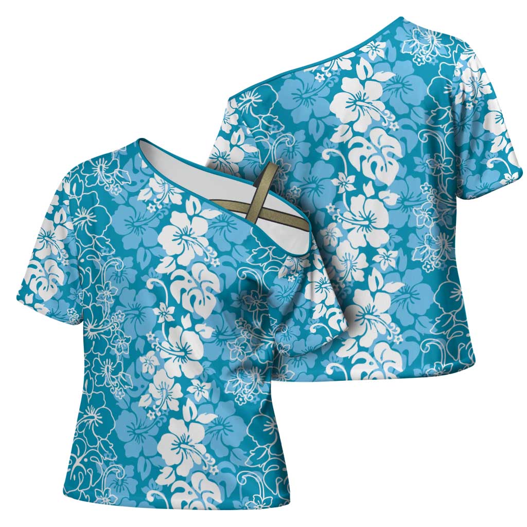 Hawaiian Lei Day Cross Shoulder Shirt Blue Hibiscus Flowers Lei Art - Polynesian Pride