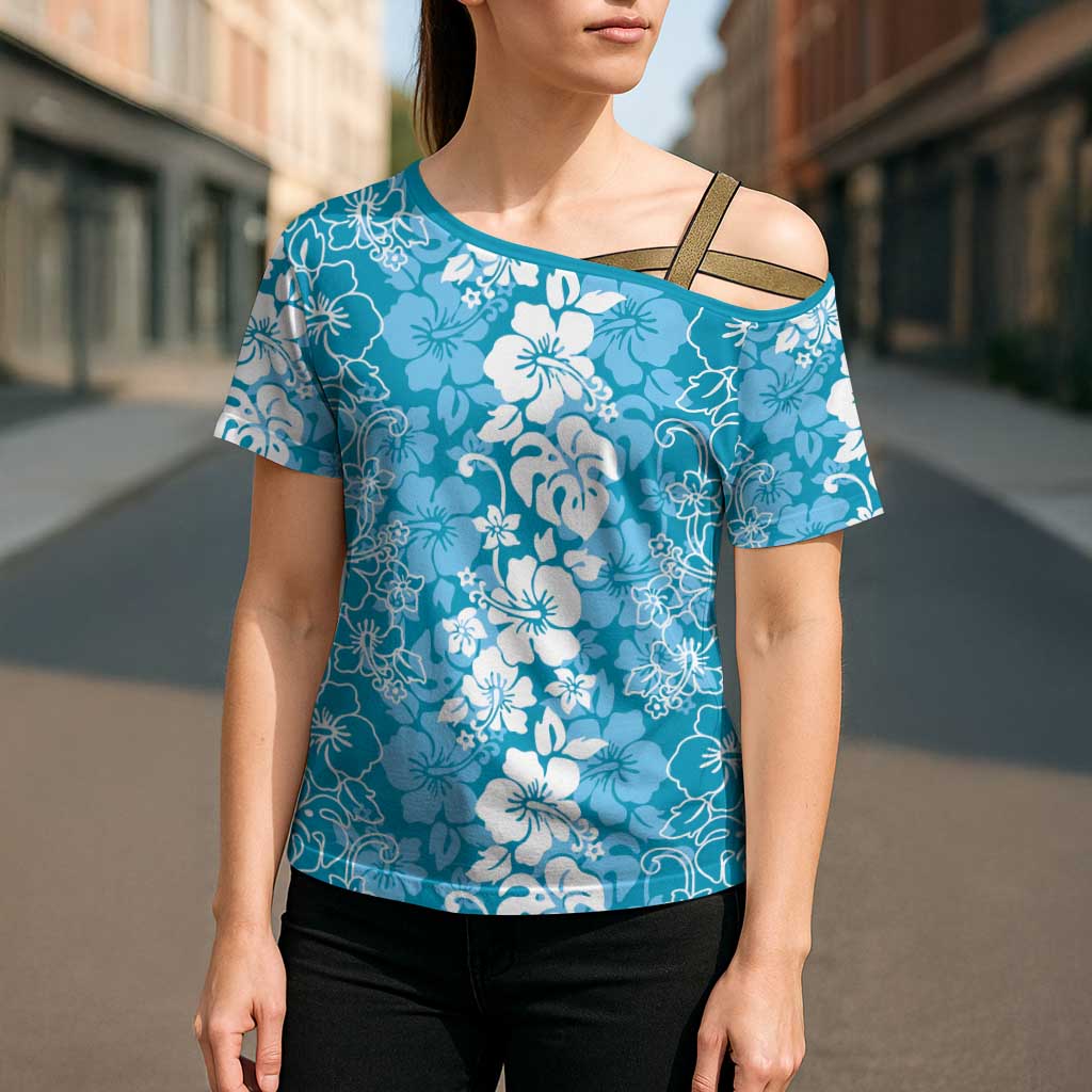 Hawaiian Lei Day Cross Shoulder Shirt Blue Hibiscus Flowers Lei Art - Polynesian Pride