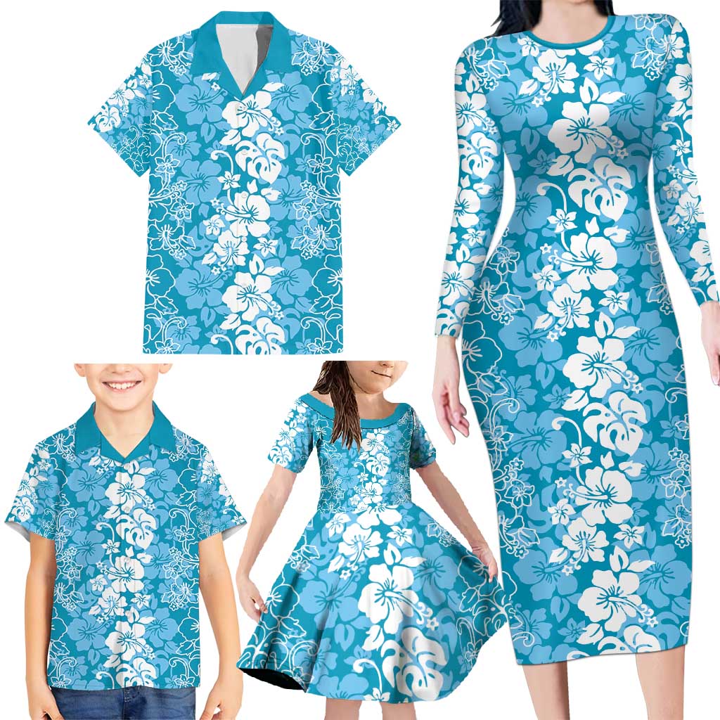 Hawaiian Lei Day Family Matching Long Sleeve Bodycon Dress and Hawaiian Shirt Blue Hibiscus Flowers Lei Art