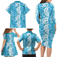 Hawaiian Lei Day Family Matching Long Sleeve Bodycon Dress and Hawaiian Shirt Blue Hibiscus Flowers Lei Art