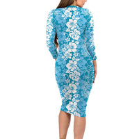 Hawaiian Lei Day Family Matching Long Sleeve Bodycon Dress and Hawaiian Shirt Blue Hibiscus Flowers Lei Art