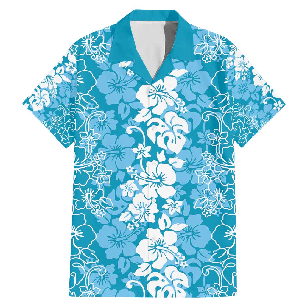 Hawaiian Lei Day Family Matching Mermaid Dress and Hawaiian Shirt Blue Hibiscus Flowers Lei Art