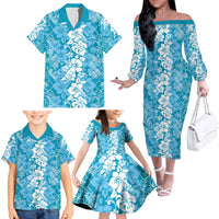 Hawaiian Lei Day Family Matching Off The Shoulder Long Sleeve Dress and Hawaiian Shirt Blue Hibiscus Flowers Lei Art