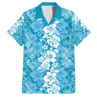 Hawaiian Lei Day Family Matching Off The Shoulder Long Sleeve Dress and Hawaiian Shirt Blue Hibiscus Flowers Lei Art